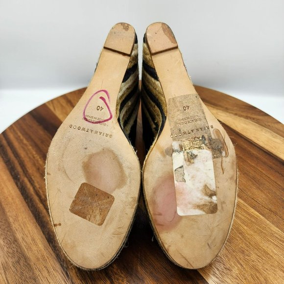 Brian Atwood Wedges Heels 40 Black Tan Cream Patent Leather Peep Toe Espadrilles - Picture 7 of 13